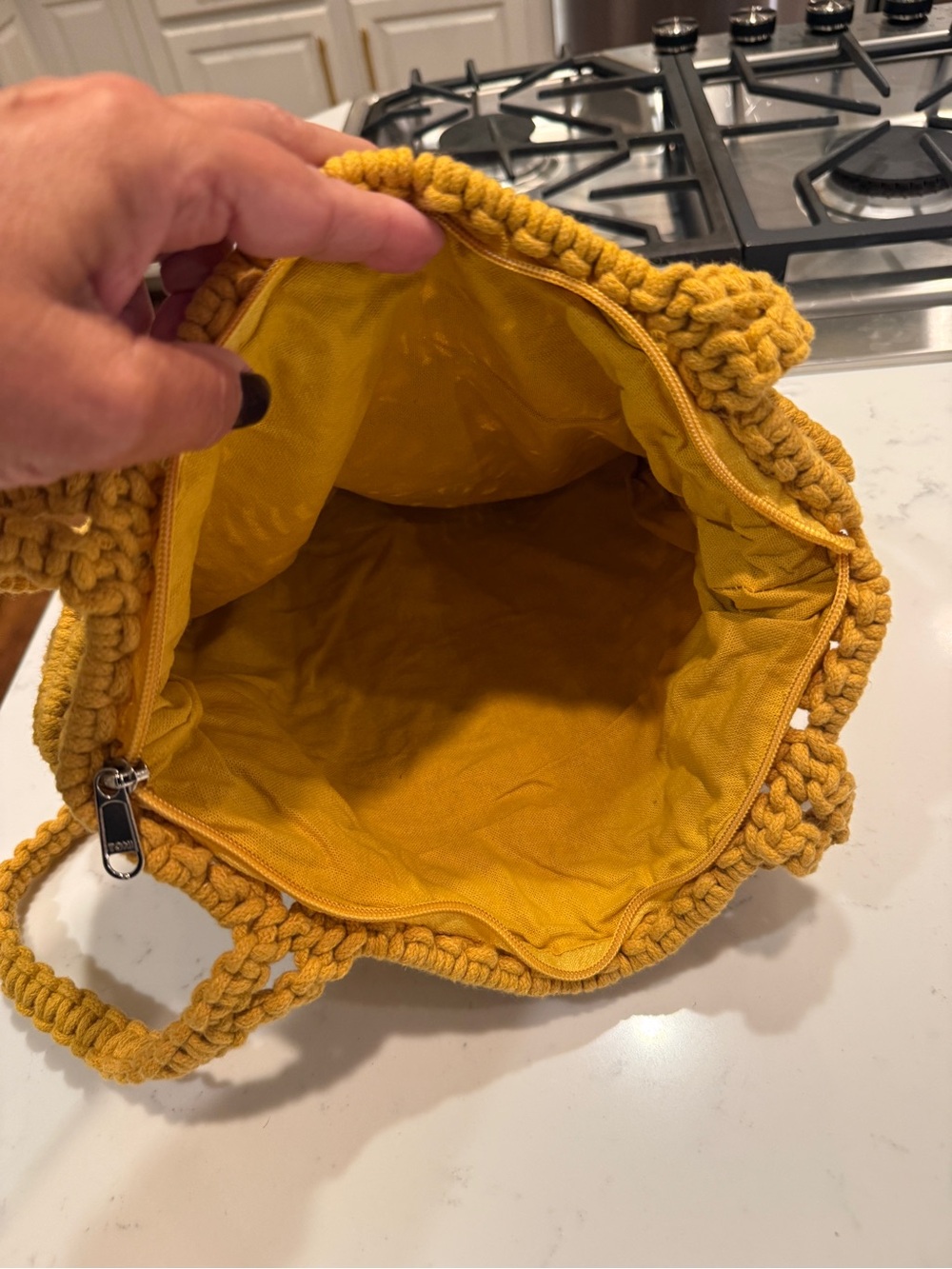 Handmade Macramé Tote Bag Mustard Boho Woven Shoulder Purse Zip Top Lined - Picture 7 of 10